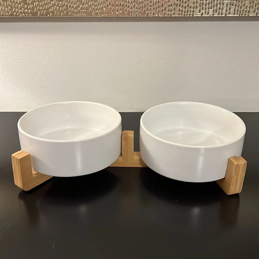SPUNKYJUNKY Dog and Cat Ceramic Pet Bowls with Wood Stand